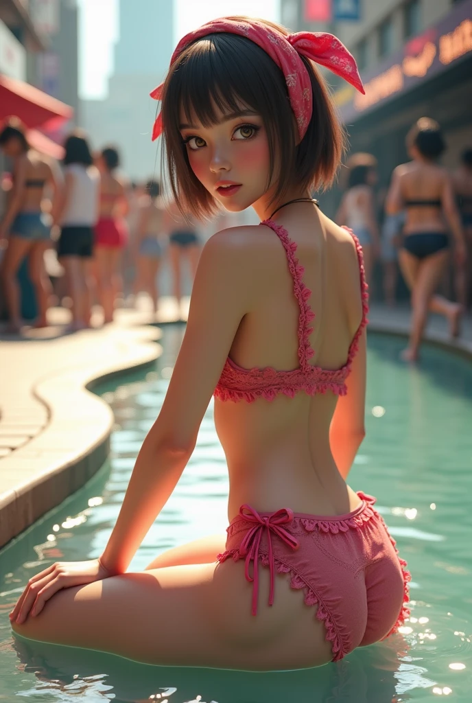 Highly detailed Unity 8K CG wallpapers, highest quallity, very detailled, work of art, realisitic, photo realisitic, very detailledかわいい、18 year old adult female、(((スカートをStand Up Yourself)))、(Stand Up Yourself)、realisitic panties with lace frills、Small panties、panty focus、Detailed panty patterns、Small panties with side ties、blush, parted lips, looking at the audience、half-body shot、(crowd)、(On the streets of Tokyo)、short bob cut、very strong natural light、shining sun、女性crowd、Photographing from a slightly lower angle、Shiny lips with lip gloss、glare eyes、cute bandana、cute hair bands、(((precision engineering, luxurious and colorful shorts for adults, High-resolution panty portrait, Designing pants with extreme precision)))、((She shows the panty in a unique pose)), ((Spread your legs, lift your legs up)) Por favor, open your mouth a little、Sitting by the water's edge in a shallow pool、Unclothed 