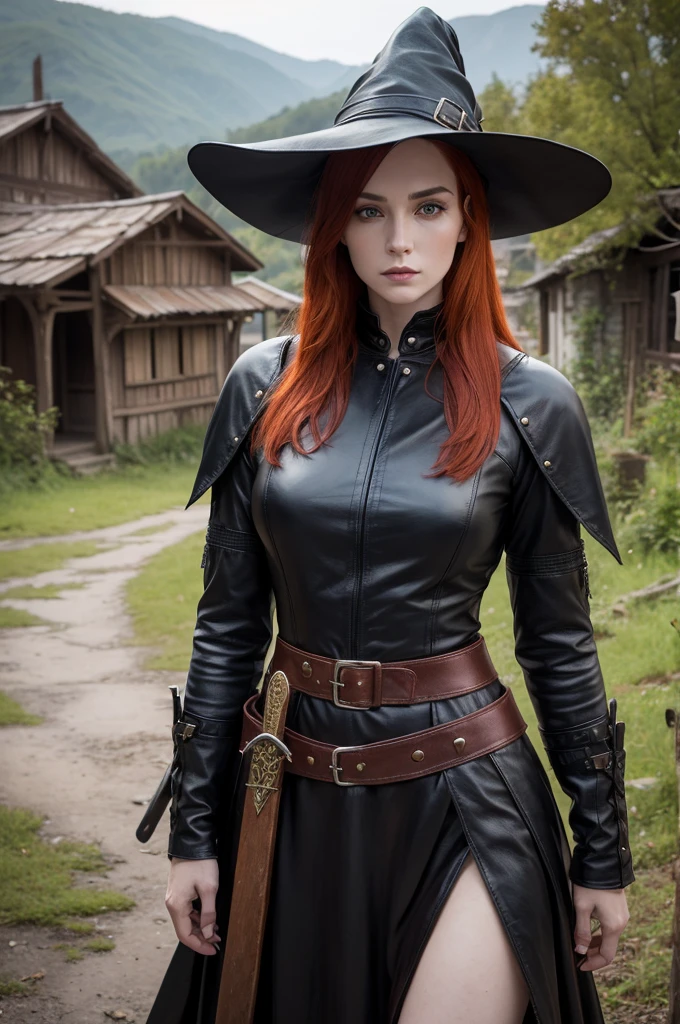a one woman, 30years, redheadwear, yellow eyes, arched eyebrow, he would be, witch, detailed leather clothing, sword in the back, abandoned village background.