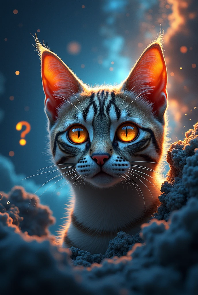 Cat face close up, Space in the background (Beautiful shining stars and galaxies), Space Cat, big "!?" on the screen is written in big letters on the screen,Golden Eyes,