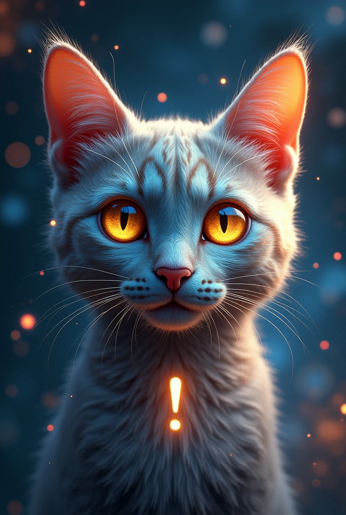 Cat face close up, Space in the background (Beautiful shining stars and galaxies), Space Cat, big "!?" on the screen is written in big letters on the screen,Golden Eyes,