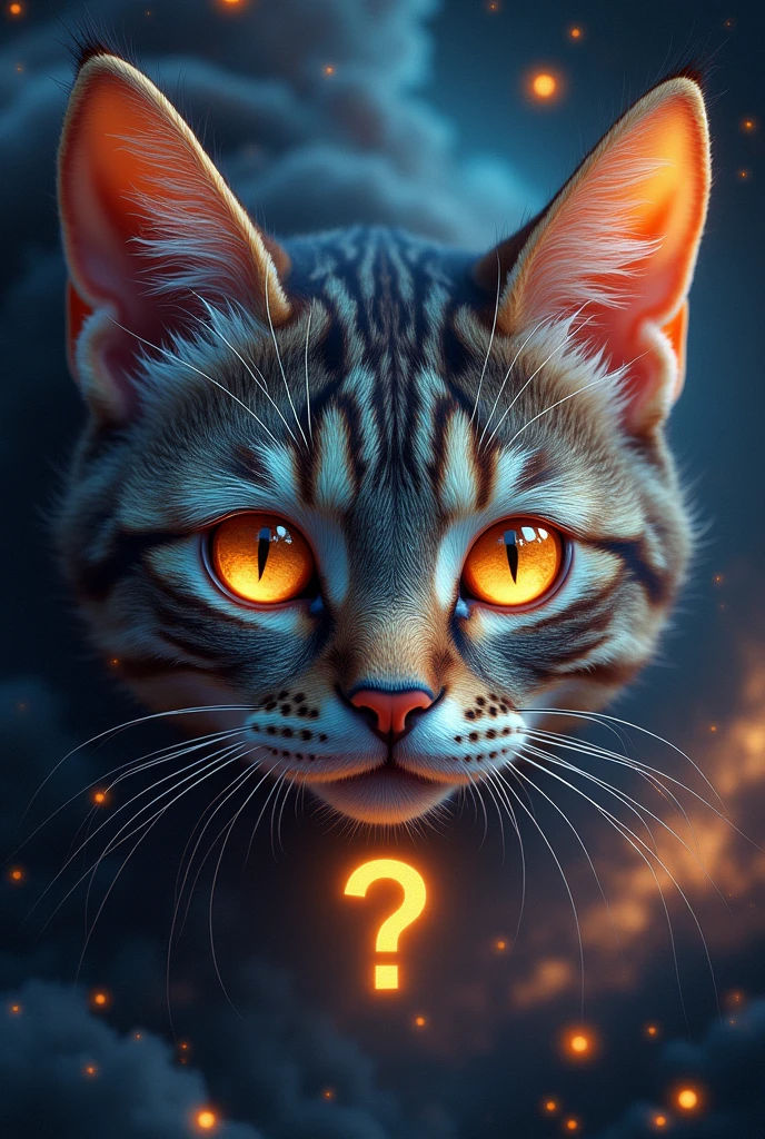 Cat face close up, Space in the background (Beautiful shining stars and galaxies), Space Cat, big "!?" on the screen is written in big letters on the screen,Golden Eyes, 