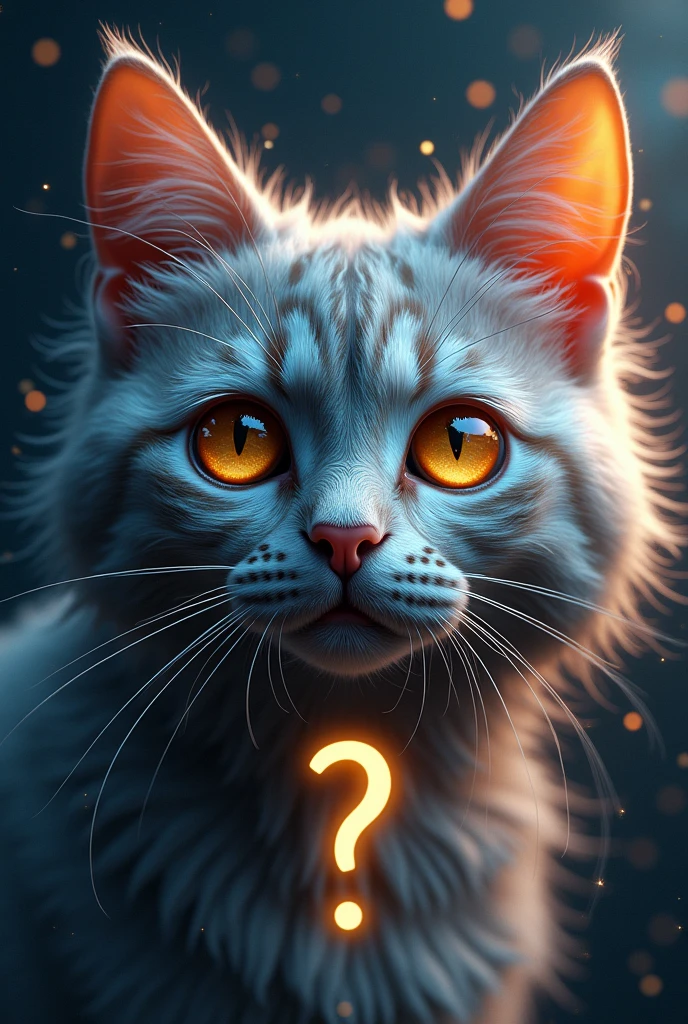 Cat face close up, Space in the background (Beautiful shining stars and galaxies), Space Cat, big "!?" on the screen is written in big letters on the screen,Golden Eyes, 