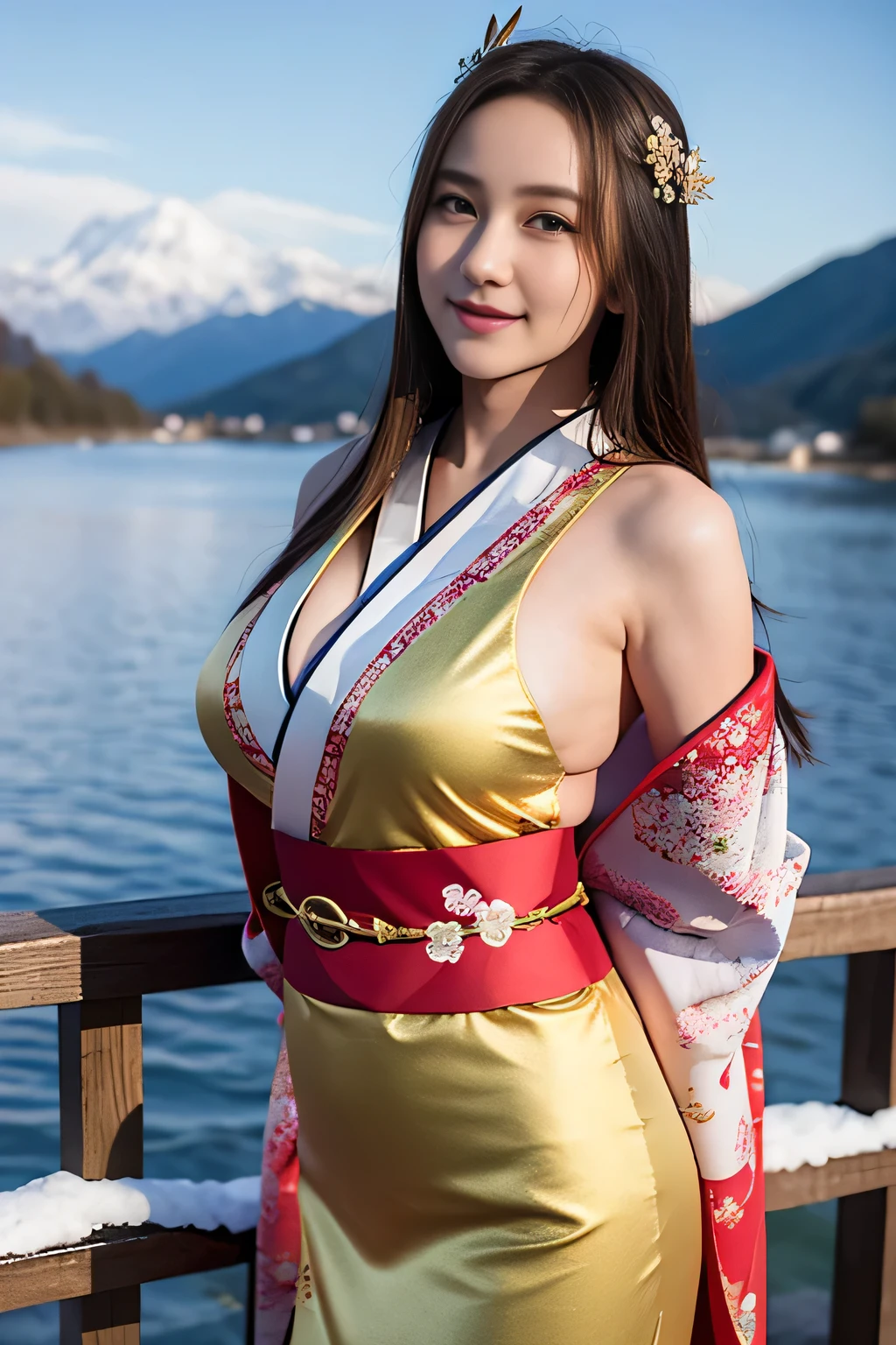 asuna, masterpiece, best quality, detailed, (1girl), solo, detailed golden eyes, long hair, standing, close to viewer, (detailed kimono), light smile, huge breasts,  (arms behind back), water, sunset, (hair ornament), (Sakura bloom),  snow mountain lake in the background