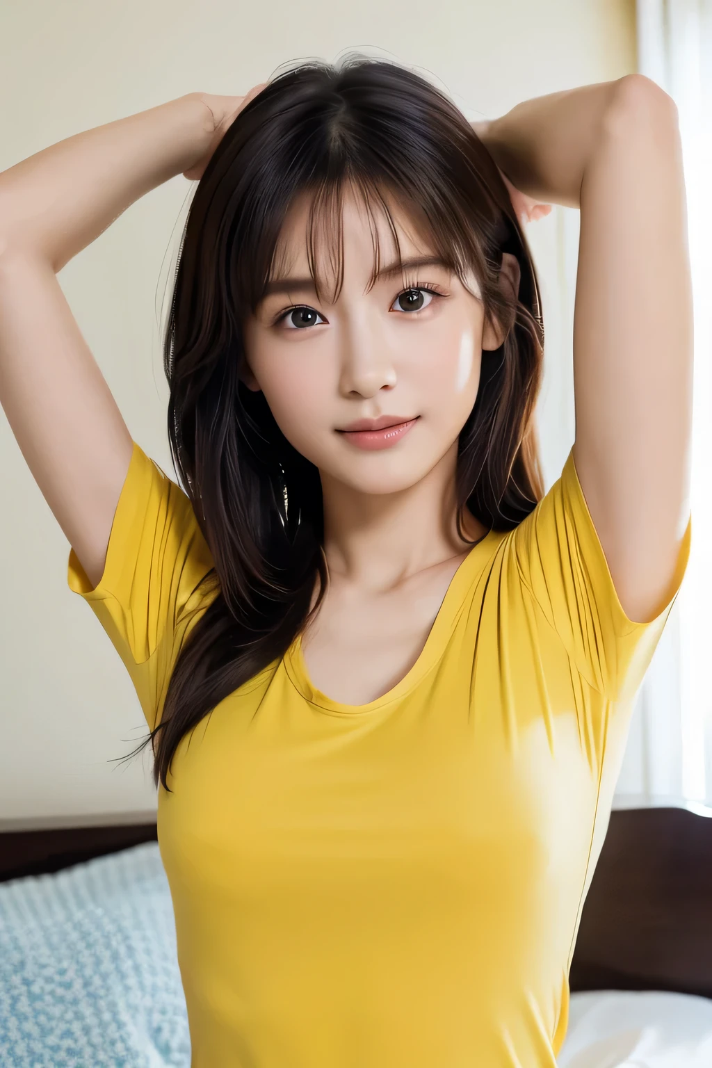 (Stretching on the bed:1.5), ( Face:1.3), (Highest quality:1.4), (Very detailed), (Very detailed美しい顔), naked, (Baby's physique:1.2), Great face and eyes, iris, (Flat Chest:1.5), (Skinny body type:1.5), (Yellow T-shirt:1.5), (Face close-up:1.2), Bedroom, smile, Shooting from above, Smooth, Very detailed CG synthesis 8k wallpaper, High-resolution RAW color photos, Professional photography, Light, BackLight, dream-like, impressive, Written boundary depth