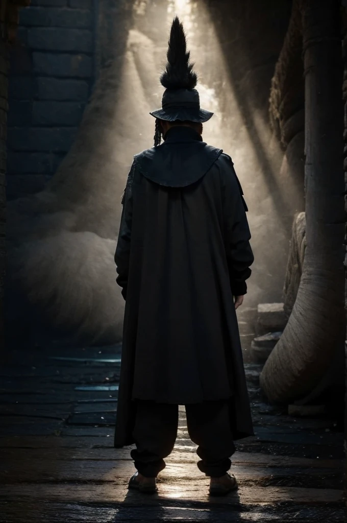 Mysterious ancient costume man's back,Domineering standing,Dark black tone