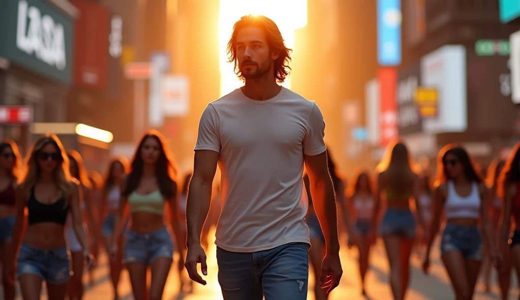 Handsome guy walking on road, wearing jeans, tshirt silky hair outdoors, soft lighting, use time square orange sunset in background, rush roads, girls wears sleeveless tshirts and shorts wandering in between them handsome guy walking. Walking pose, realistic, intricate details, vibrant colours. full of girls walking around him. In this everything should be highlighted.