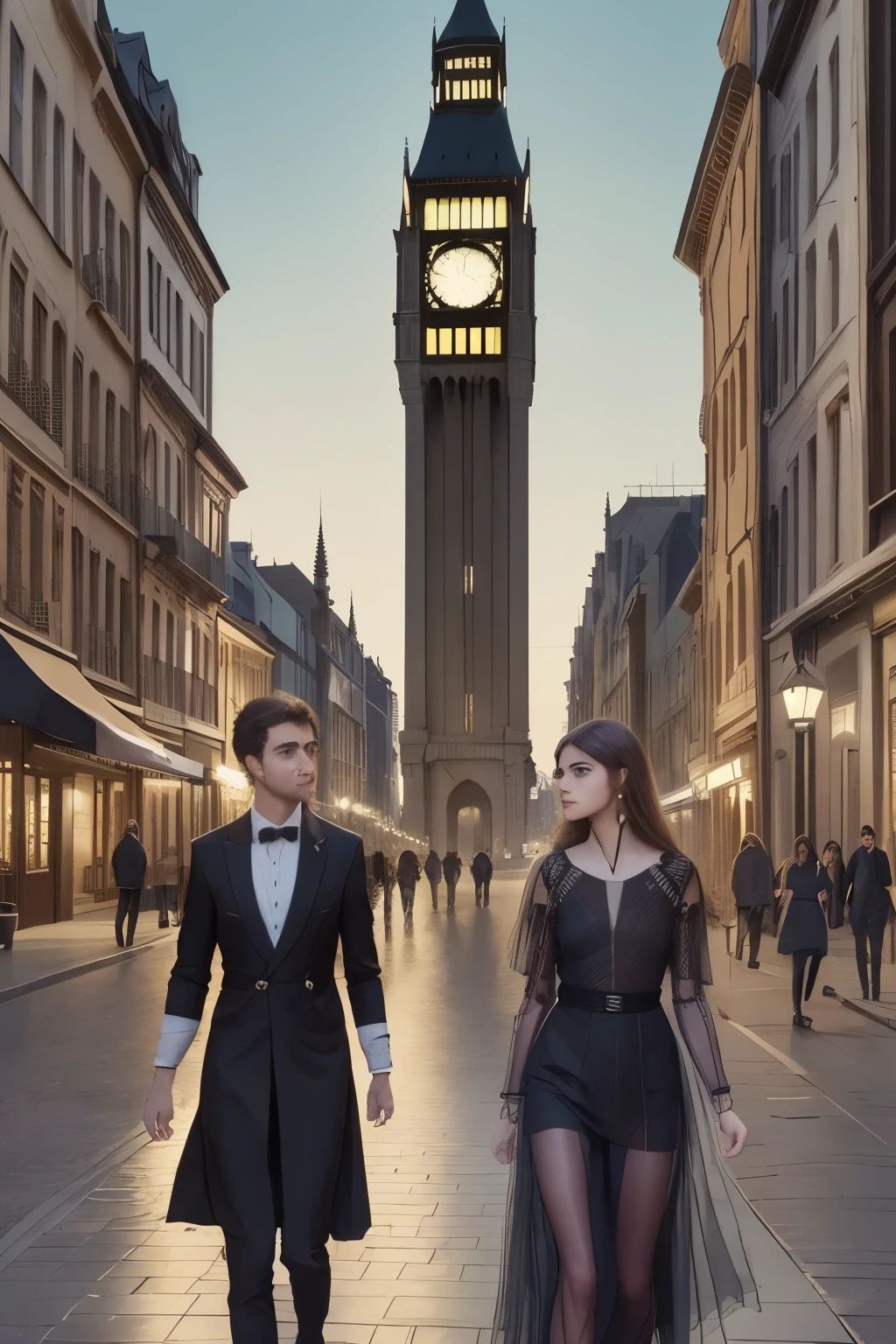 people walking on a bidge in a city at night with a large clock tower in the background, classic scenario, arstation and beeple highly, city street, metropolis, Albert Edward Hughes's draw style