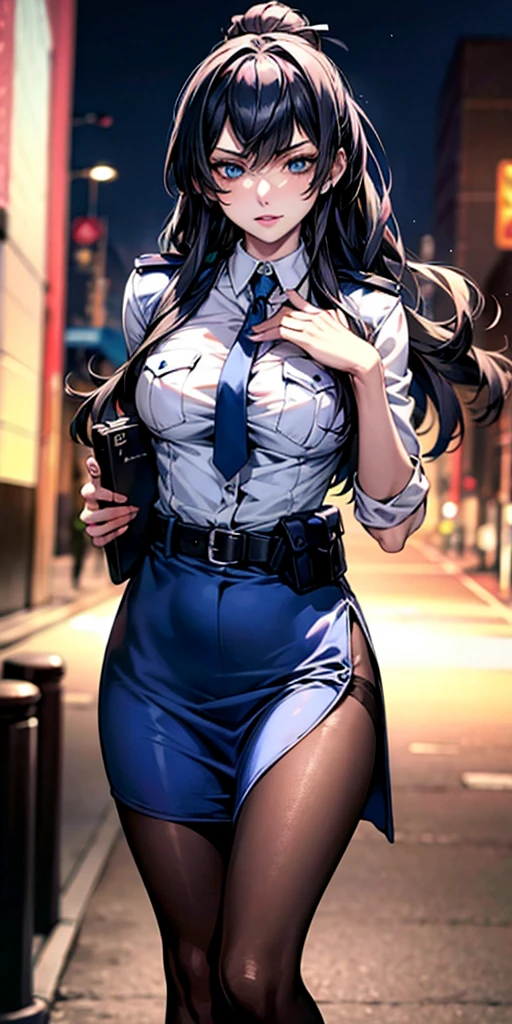 Ridiculous resolution, high resolution, (masterpiece:1.4), Extremely detailed, 1 Girl,blue eyes, Black long hair，Please wear police uniform and short micro skirt, White handbags、Pantyhose, City Streets,Sexy pose, The camera is close to your body