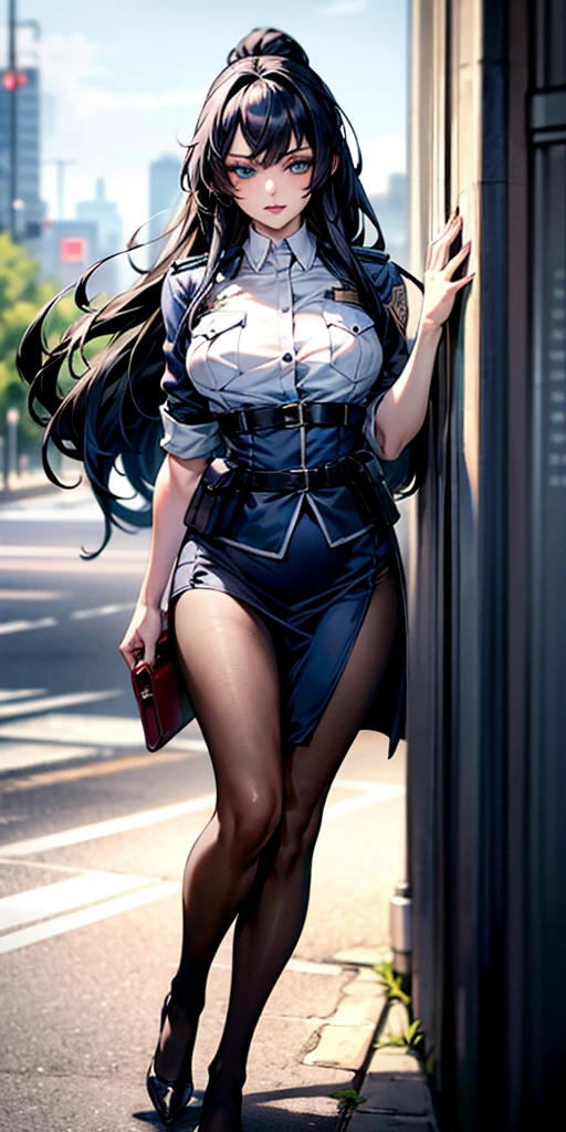 Ridiculous resolution, high resolution, (masterpiece:1.4), Extremely detailed, 1 Girl,blue eyes, Black long hair，Please wear police uniform and short micro skirt, White handbags、Pantyhose, City Streets,Sexy pose, The camera is close to your body