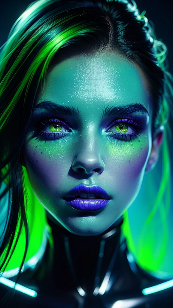 Photorealistic,A radiant beauty woman with tanned skin and sleek hair in a neon green tone with blue highlights. His eyes are an intense green, highlighted by smoky makeup. Her lips are painted a deep purple, with subtle shine. The background is a gradient of neon green and blue, Creating a futuristic atmosphere. profile pic, 8 k quality.