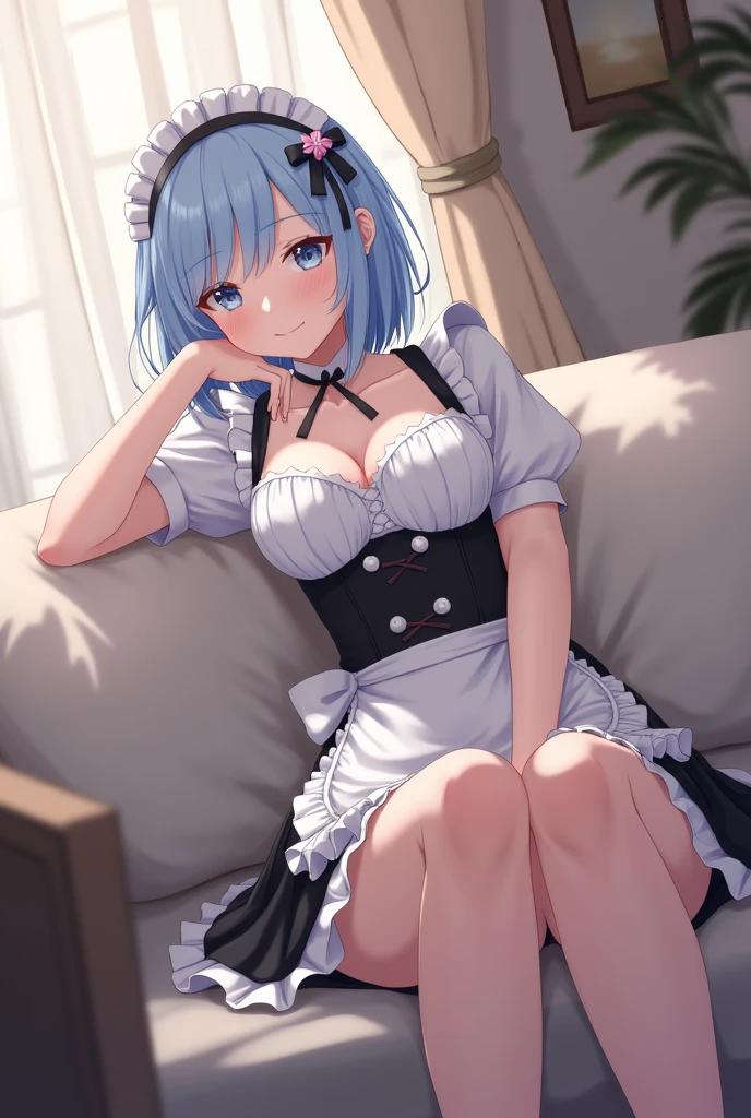 Rem, Wearing a maid's uniform, Relaxing on the sofa. Light blue hair, Bob Hair, Little cleavage, Short skirt.