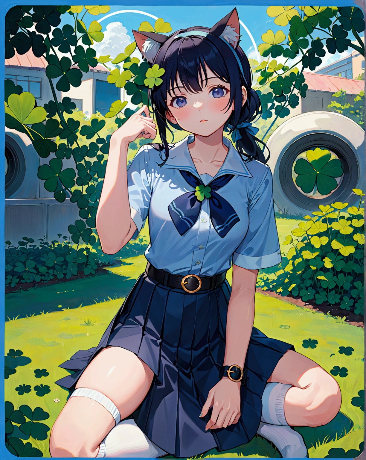 realistic anime illustration of pretty young girl, she is sitting cross-legged and paw pose on school garden, blue sky scenery, she has black ponytail with sligthly bangs, cat ears headband, wearing pastel indigo-blue short sleeves collared shirt, navy-blue neckerchief with white outline clover leaves pattern, navy-blue pleated pencil long skirt, black belt with gold circle buckle, white socks and black mary-jane shoes, (1girl, solo,full body), (masterpiece, best quality, japanese anime style), BREAK, (pastel indigo-blue short sleeves collared shirt, navy-blue neckerchief with white outline clover leaves pattern, navy-blue pleated pencil long skirt, black belt with gold circle buckle, white socks and black mary-jane shoes)