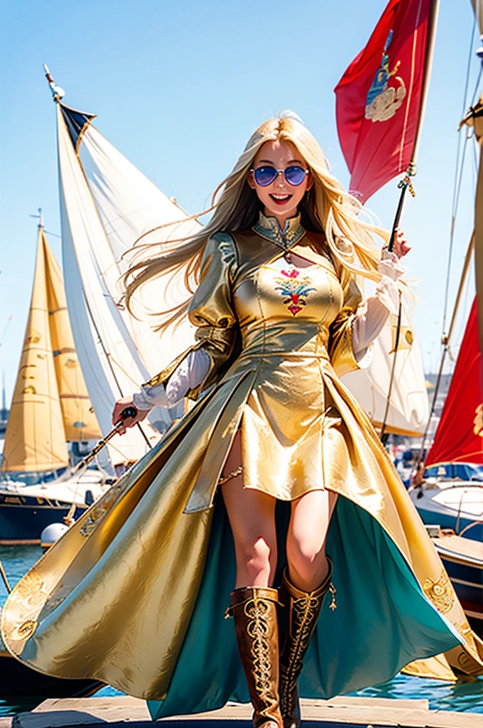 Blonde beauty with big breasts,Wearing a medieval European princess dress,Holding a parasol embroidered with a sailboat,Brown and gold dress,Leather knee-high boots with laces,Blue pupils,Confident smile,big sister,Thousands of cannons roared behind.,Wear sunglasses