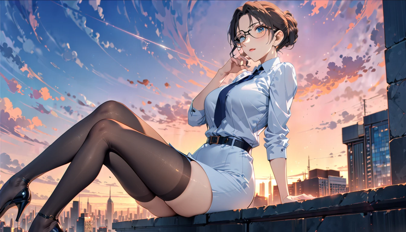 a mature woman in a secretary outfit sitting on a ledge, legs crossed, against a sky background, with glasses, black stockings, (best quality, 4k, 8k, highres, masterpiece:1.2), ultra-detailed, anime style, intricate details, elegant pose, beautiful facial features, delicate hands, soft lighting,