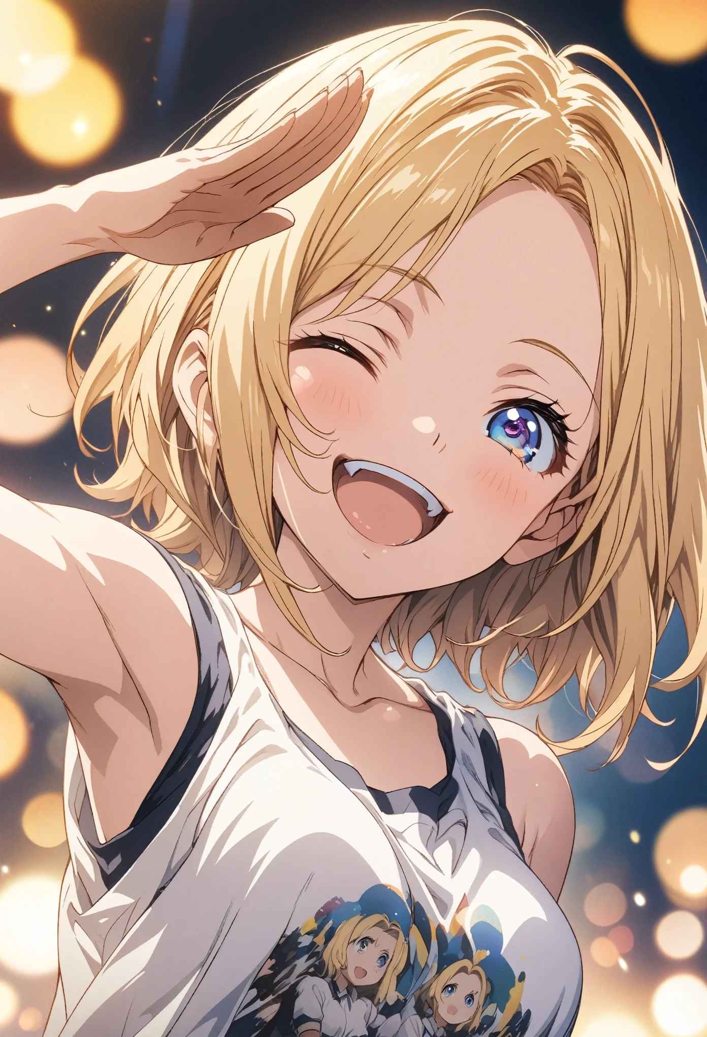 masterpiece, Highest quality, Highly detailed CG Unity 8k wallpaper, High School Girl Anime Illustration. Wear an oversized tank top、salute、Big eyes, Double teeth, she has her eyes closed and mouth open, smile. short hair, Yellow Hair, forehead, parted bangs, Bokeh, Depth of written boundary