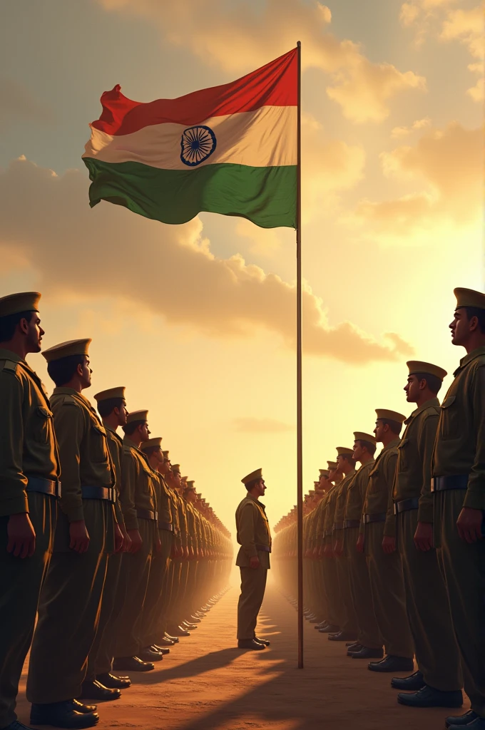 Make a photo of all freedom fighters standing in a line giving tribute to triranga nation flag 