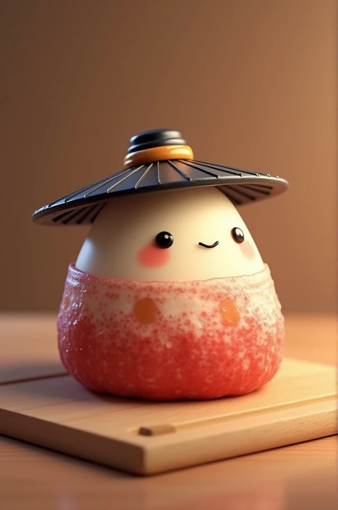 Make me a picture of an animated Japanese mochi with a Japanese hat 
