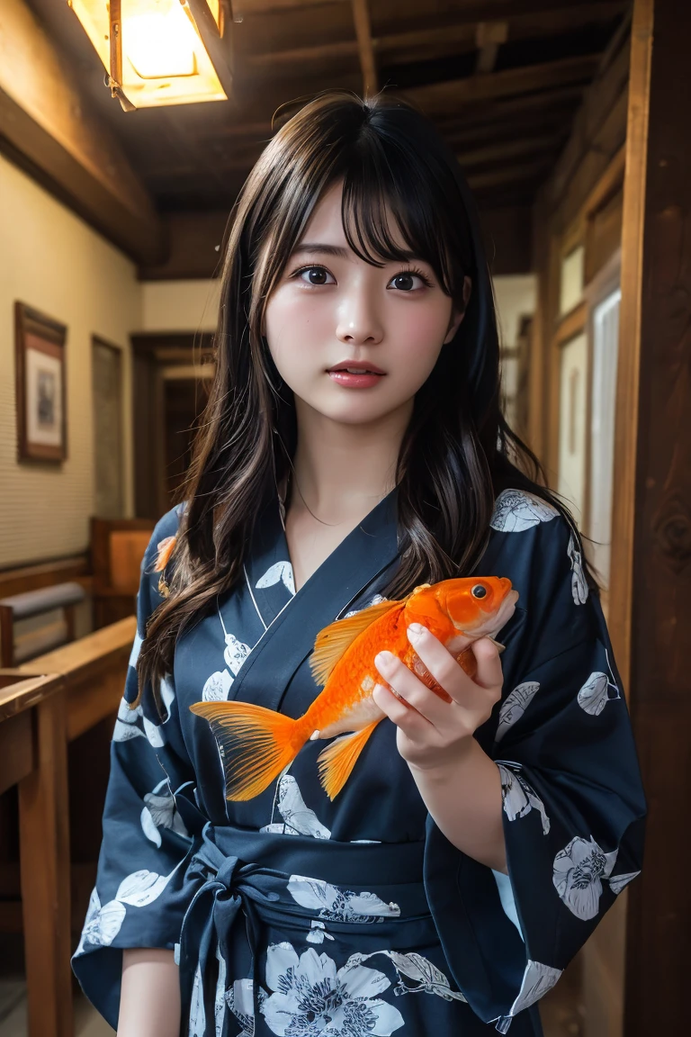 (Highest quality:1.4)，(masterpiece:1.4)，(Realistic:1.4)，(Realistic:1.2)，(超High resolution， RAW Photos:1.4)，(High resolution， Ultra-detailed:1.2)，(8k:1.2)，View your viewers，Cinematic photography，One person，skeletally correct，Black-haired woman，Woman in her early 20s，(A vibrant goldfish-patterned yukata，Traditional attire)，（Western-style building interior，Dimly lit room，The lamplight shines on my cheeks）