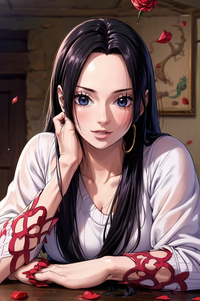 Highest quality, masterpiece, Very detailed,(((One person)), ((Rose)), (vine), cage, bandage, Red rope, (Detail Light), falling Rose petals, Boa Hancock,, (masterpiece:1.5), Detailed Photos, smile,(8k, Realistic, Highest quality: 1.4), (One person), Beautiful Face, (Anime realistic face), (Black Hair, Long Hair: 1.3), Beautiful hairstyle, Realistic eyes, Beautiful details in the eyes, (Realistic Skin), Beautiful Skin, (sweater), Absurd, Charm, 超High resolution, Ultra-realistic, High resolution, Golden Ratio,NSFW erotic pose