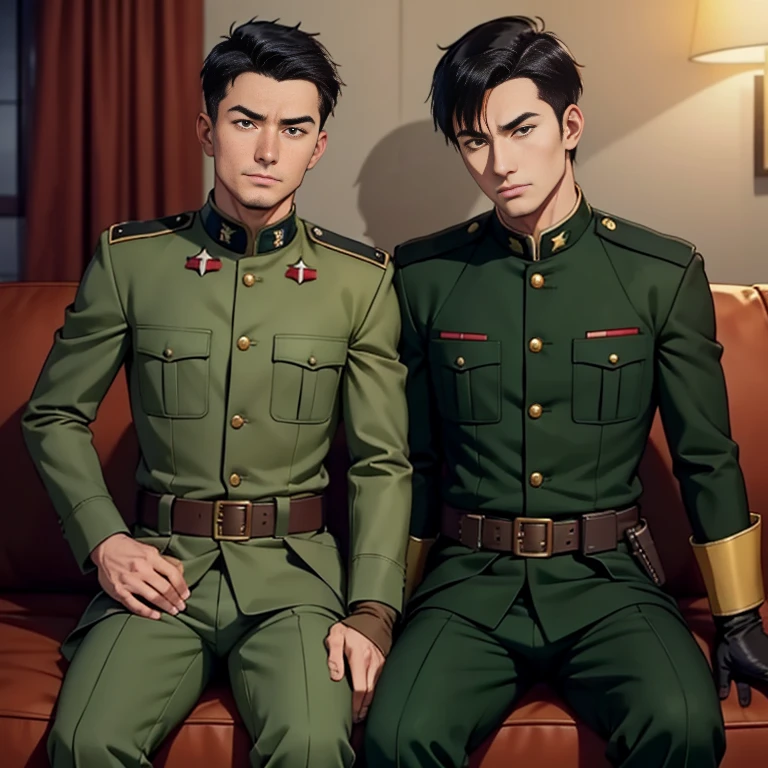 anime、Zeon Army soldiers、30 years old,One Man,、Dark green military uniform、Shocker Belt、Black gloves、Brown boots、With a handgun on his hip、disposal room、Two men sitting on a sofa、logic, ,Black Hair。Pretty short and even shorter short hair、Tall, handsome military officer　Asian Face　Stubble、　The crotch area of my pants is bulging　Two men laugh with their foreheads touching.