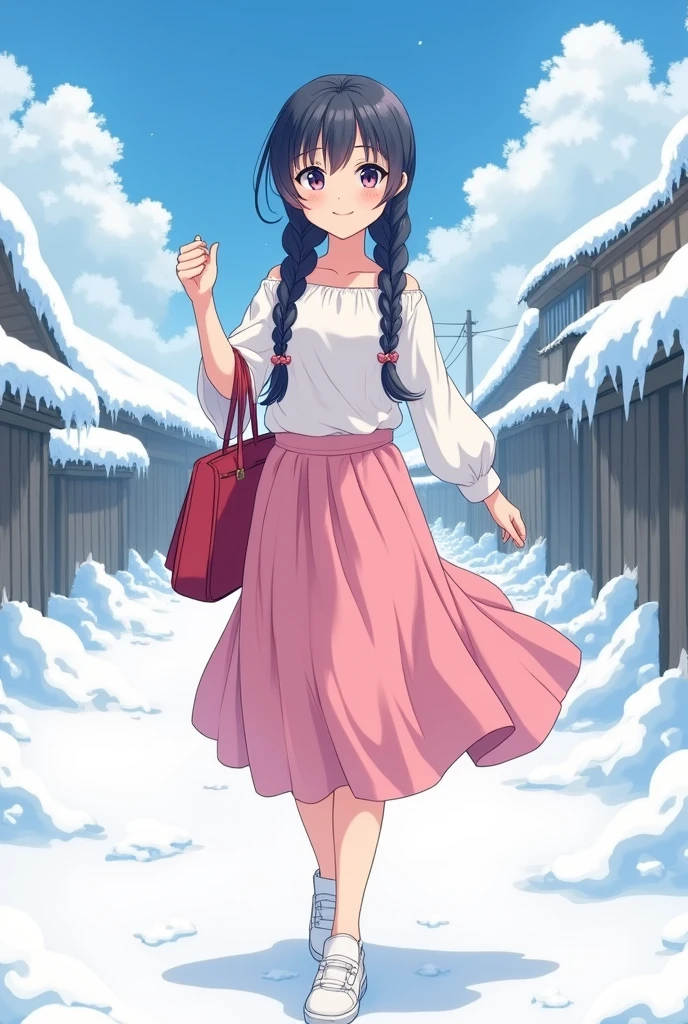 young, Highest quality, masterpiece, Ultra-high resolution, 8k, Pink Skirt, Anime Style Little , single, Ultra-fine line art, Digital Enhancement, Anime Core, Flowing fabric, close, ((Braided hair that reaches the shoulders)), Staring at us from the front, Soft Drawing, Beautiful black hair, (((Anime style)), Clear Eyes, Shy, smile, Red School Bag, High five, Ultra High Definition Digital Anime Art, Clear facial depiction, Ultra detailed anime character art, Ultra-detailed manga style, Highest qualityの色, hand, Leg lift angle, Snow Scene, Japanese countryside, I can see her white panties