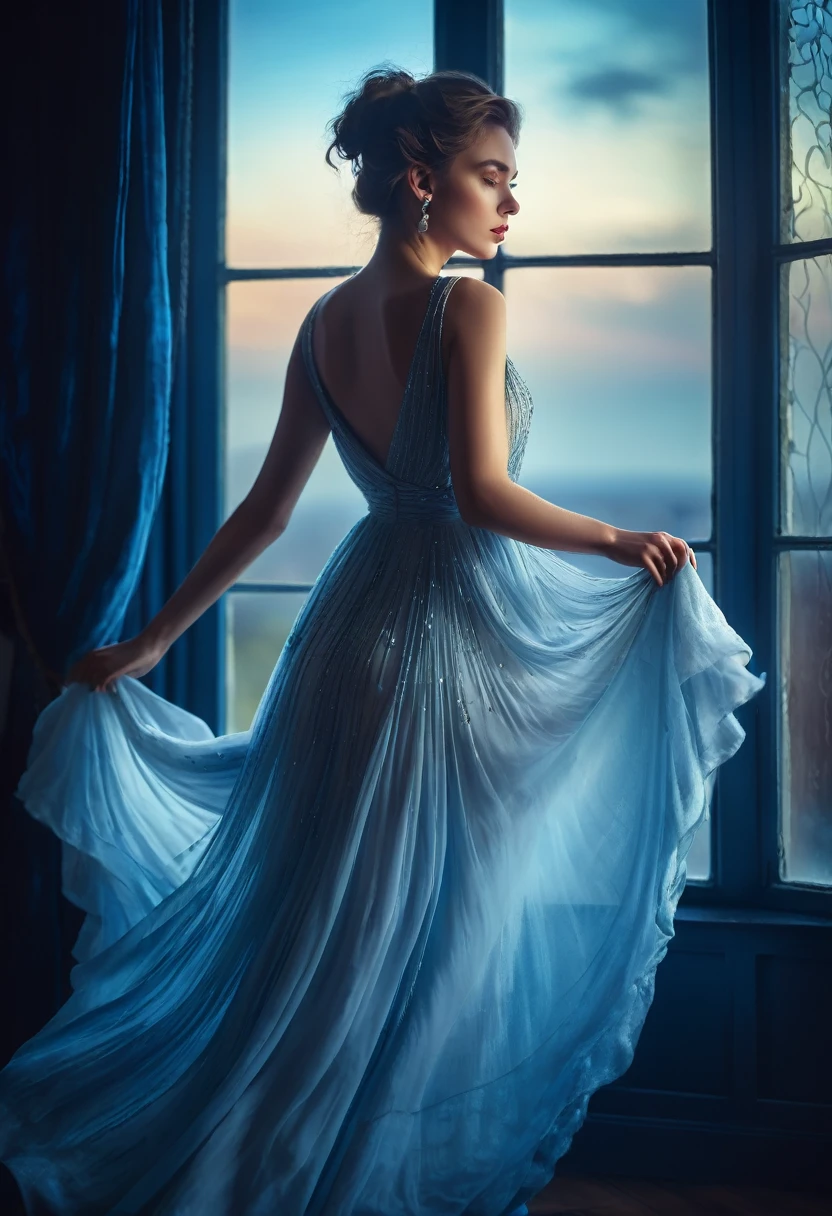 closeup shot, woman in a dress standing in front of a window, a picture by Marie Bashkirtseff, shutterstock, romanticism, half-turned lady in evening gown, flowing gown, wearing a flowing dress, mysterious woman, haunting beautiful young woman, wearing a white flowing dress, flowing dress, woman in dress, extremely moody blue lighting, miss aniela
