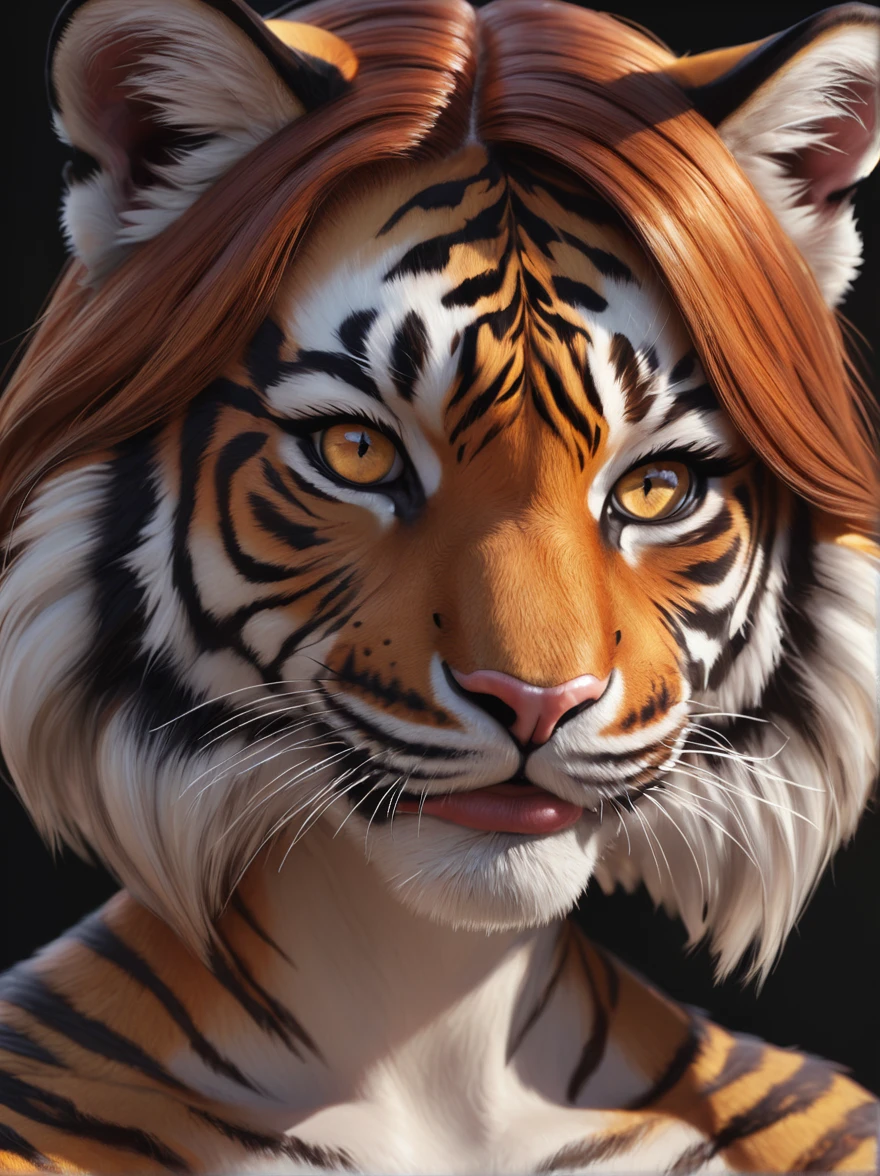 An stunning girl, beast girl, (tiger girl:1.4), smile, stand alone, digital painting, digital illustration, extreme detail, digital art, 4k, ultra hd, Anna Dittmann, hyperrealism, trending on artstation, polished, radiant, photorealistic, matte painting, hyperrealism, unreal engine, 3dsmax, trending on artstation, unity 3d, Fantasy girl, realistic fur, realistic pattern, ginger, bob haircut, asymmetrical hair, glossy red lipstick, perfect eyelashes, perfect body, perfect makeup eyes, light freckles,(slit pupils:1.3)
