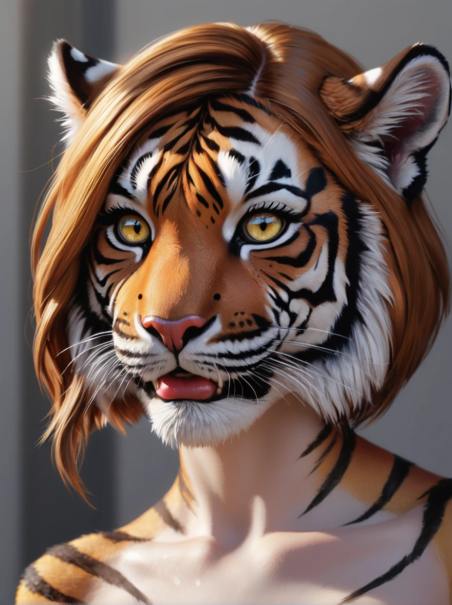 An stunning girl, beast girl, (tiger girl:1.4), smile, stand alone, digital painting, digital illustration, extreme detail, digital art, 4k, ultra hd, Anna Dittmann, hyperrealism, trending on artstation, polished, radiant, photorealistic, matte painting, hyperrealism, unreal engine, 3dsmax, trending on artstation, unity 3d, Fantasy girl, realistic fur, realistic pattern, ginger, bob haircut, asymmetrical hair, glossy red lipstick, perfect eyelashes, perfect body, perfect makeup eyes, light freckles,(slit pupils:1.3)
