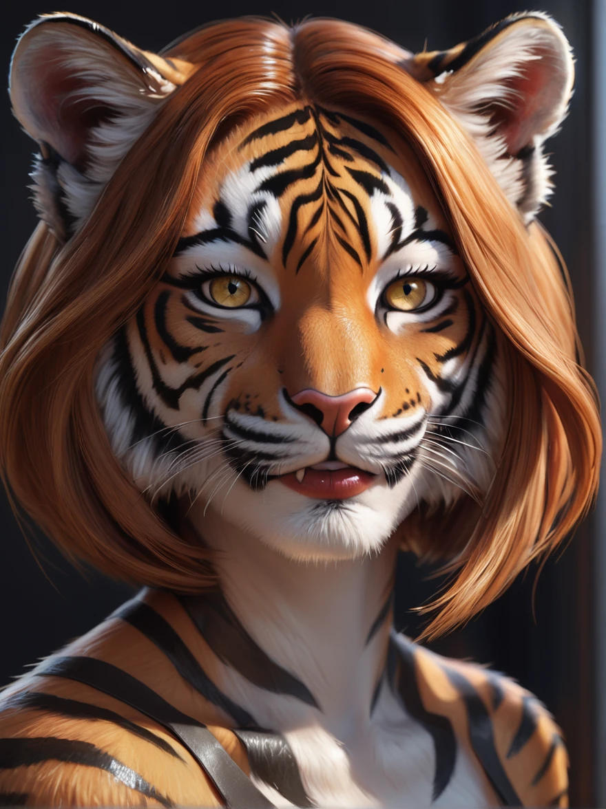 An stunning girl, beast girl, (tiger girl:1.4), smile, stand alone, digital painting, digital illustration, extreme detail, digital art, 4k, ultra hd, Anna Dittmann, hyperrealism, trending on artstation, polished, radiant, photorealistic, matte painting, hyperrealism, unreal engine, 3dsmax, trending on artstation, unity 3d, Fantasy girl, realistic fur, realistic pattern, ginger, bob haircut, asymmetrical hair, glossy red lipstick, perfect eyelashes, perfect body, perfect makeup eyes, light freckles,(slit pupils:1.3)
