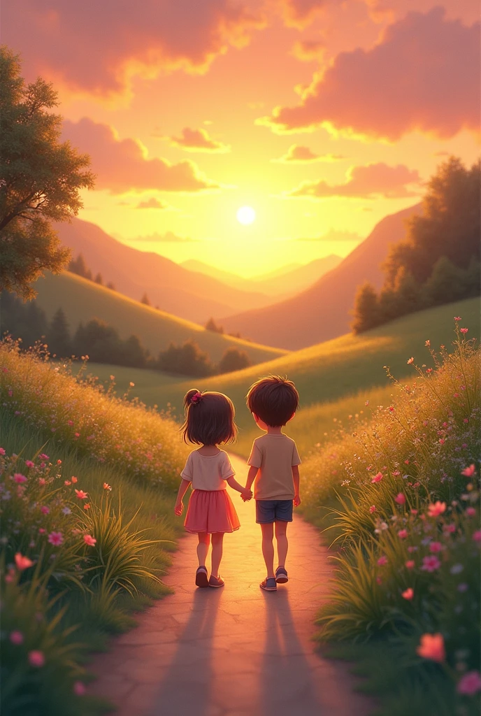 A boy and a girl walk through the sunset in the pathway