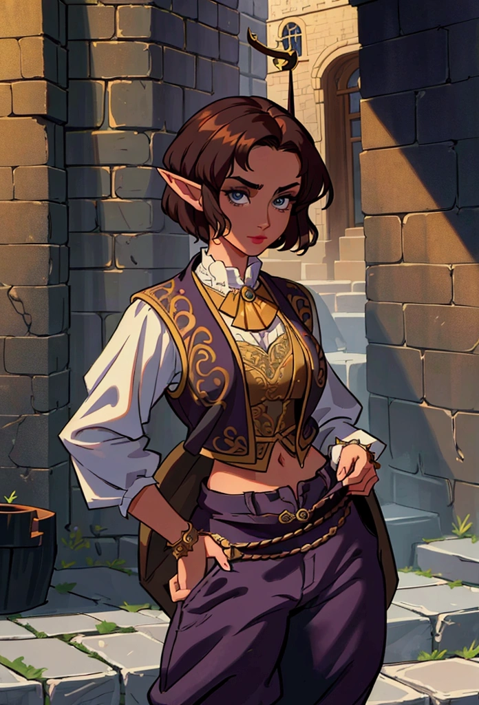 (Masterpiece, Best quality, Top quality, Intricate details, Beautiful, aesthetic:1.2), Highest quality, masterpiece, high resolution, 8k, cinematic lighting, sharp resolution, medium shot, samdoesarts style, beautiful woman, character portrait, 1 female elf, beautiful short dark hair, very short hair, swashbuckler, dressed well, ((britches)), and vest, a sickle hangs from her hip, daytime, crowded city streets, fantasy city, cobblestone streets,