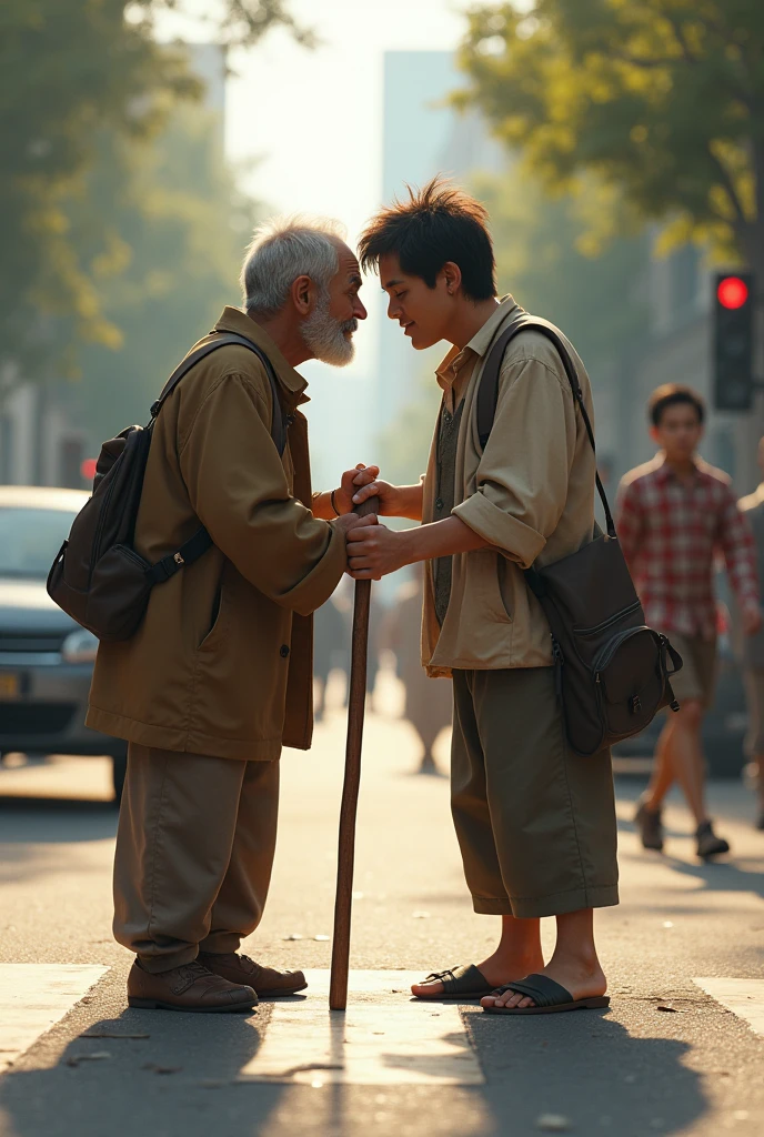 Who is this one is standing alone. A blind person having a stick on his hand. Trying to cross the road but he is blind. Suddenly his physically disabled friend come to help him. A dosti and emotional seen please make.wearing poor clothes.