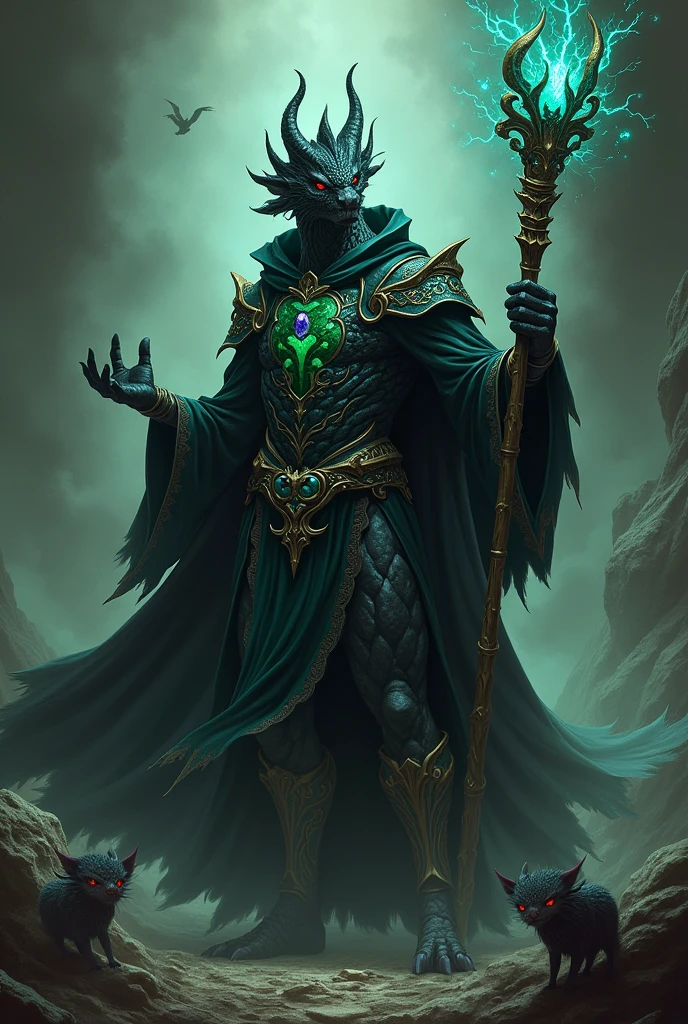 Create a half-dragon creature with black scales and red eyes, humanoid,with wizard clothes a black cloak with green details,with an aura of dark power, holding a staff, and with creatures as a mascot