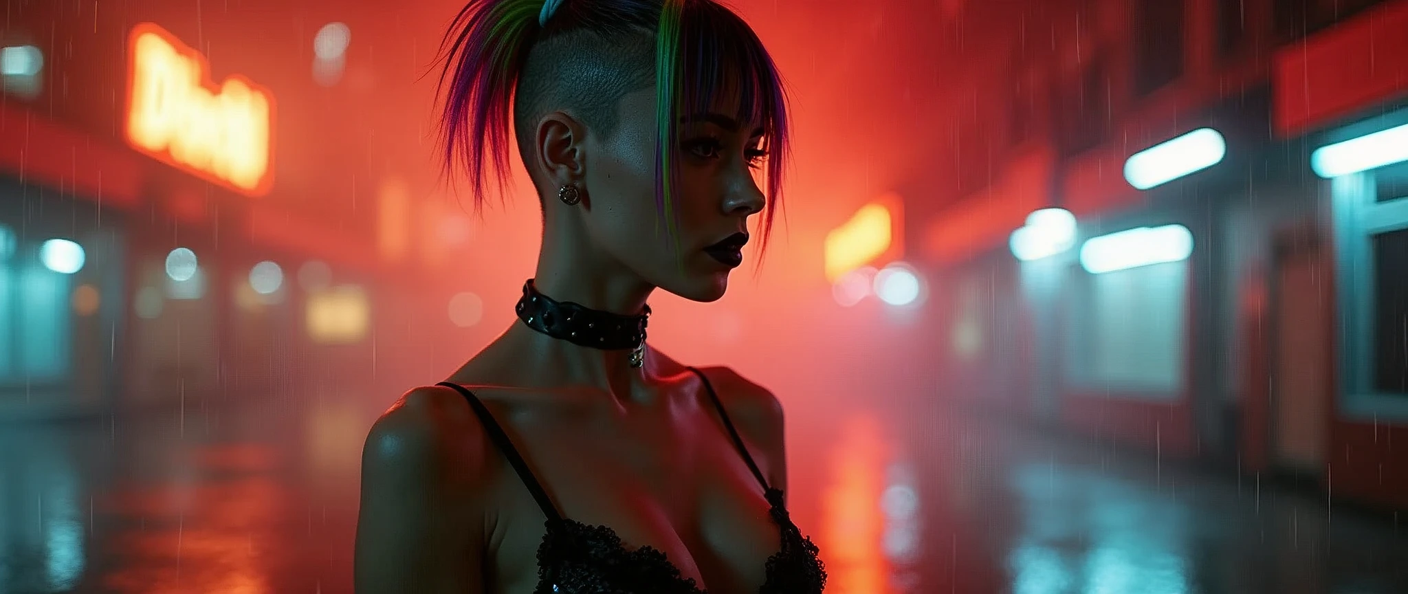 (low ground point of view), half-side view, raining:1.5, (paparazzi photo:1.2) of 1fille, hawk with shaved sides, Goth, lingerie, interior, cheveux arc-en-ciel brillants, Perfect breasts, black lips, black lipstick, Dog collar, navel is extremely visible, mouth semi-open. [Entire scene is surrounded by lights, evoking a magical and eerie atmosphere. The lighting is bright and atmospheric, with smoke adding a touch of sinister ambiance. Best quality image, HDR enhancement, showcasing the utmost level of detail and realism]. [8K, Best Quality, Ultra High Resolution, (highly detailed CG unity 8k wallpaper), (best photo), (best shadows), isometric 3D, octane rendering, ray tracing, highly detailed, (Best quality, 4K, 8k:1.2), absurdity, ultra detailed, (realistic, photorealistic, photorealistic:1.37), complex parts, HDR, (complex parts:1.12), (hyper detailed, hyper realistic, Soft lighting, spicy:1.2), (complex parts, Hyper detailed:1.15). Blurred foreground. (backlit), masterpiece, high quality, brightness, chromatic aberration, foggy smoke, shadows, contrast, clear sky, (warm hue, warm tone), high details, natural reflections].