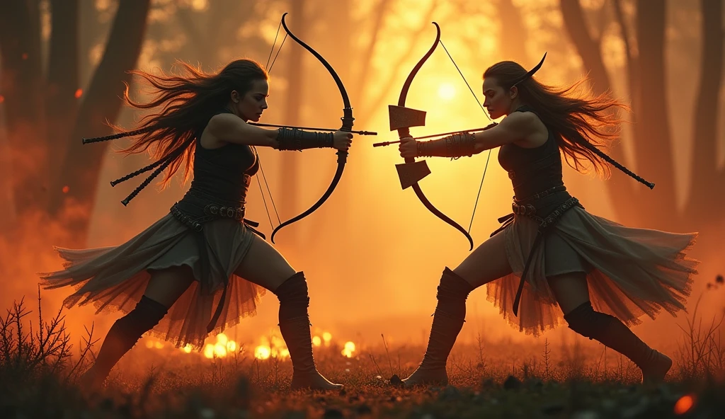 FEMALE ELVES USING BOW AND FEMALE ORC USING AXE, THEY ARE FIGHTING WITH EACH OTHER IN THE BATTLE FIELD, DARK THEME, FIRE AND ASH, GOLDEN BLOOD, BURNING FOREST