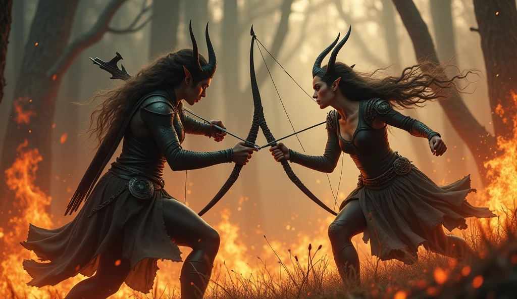FEMALE ELVES USING BOW AND FEMALE ORC USING AXE, THEY ARE FIGHTING WITH EACH OTHER IN THE BATTLE FIELD, DARK THEME, FIRE AND ASH, GOLDEN BLOOD, BURNING FOREST
