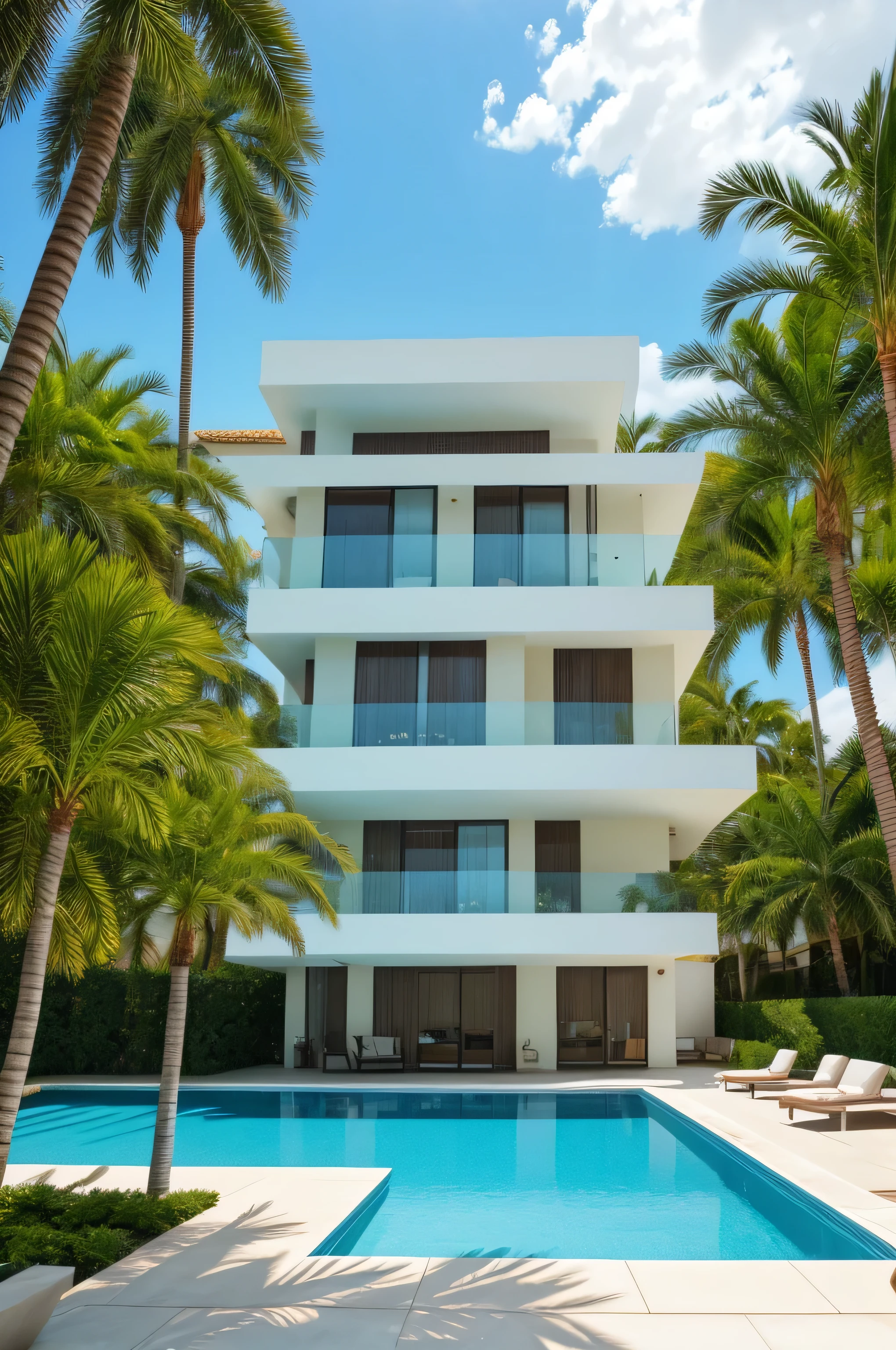Create an image of a stunning luxury villa. The villa should feature a modern design with large glass windows, a sleek infinity pool, and beautifully landscaped gardens. Include elegant outdoor furniture, palm trees, and a spacious patio with a dining area. The setting should be a picturesque coastal view with clear blue skies and turquoise water in the background."