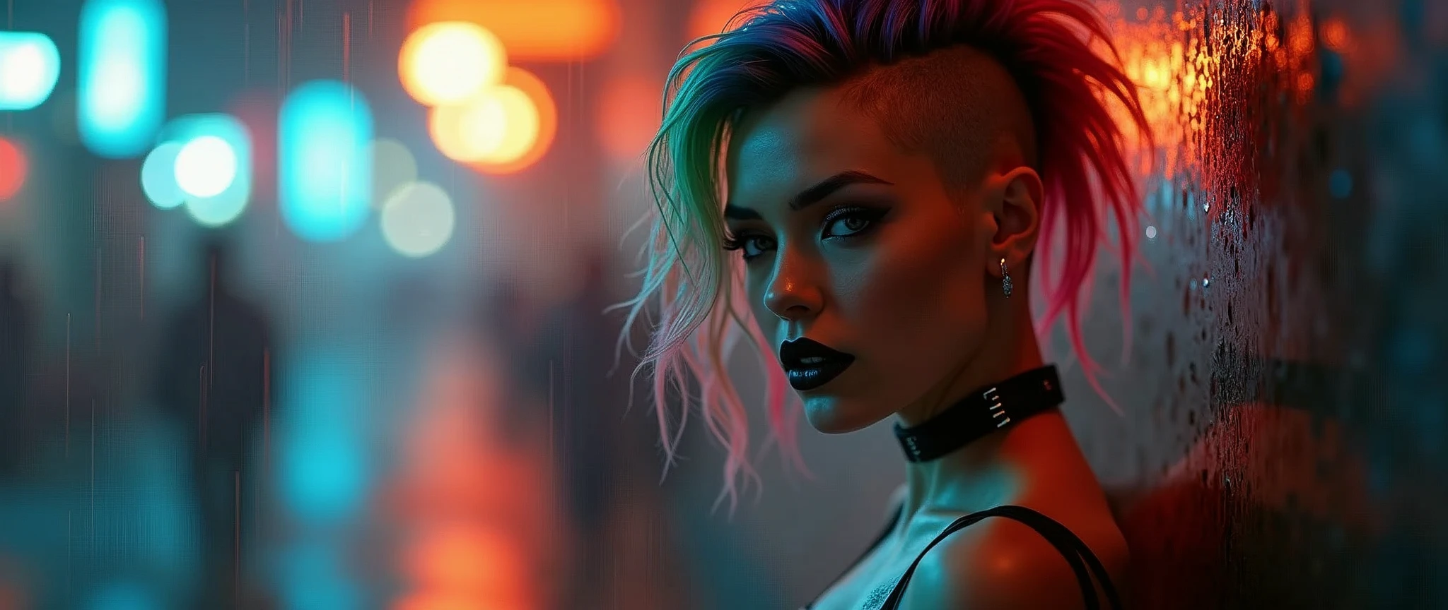 (low ground point of view), half-side view, raining:1.5, (paparazzi photo:1.2) of 1fille, hawk with shaved sides, Goth, lingerie, interior, cheveux arc-en-ciel brillants, Perfect breasts, black lips, black lipstick, Dog collar, navel is extremely visible, mouth semi-open. [Entire scene is surrounded by lights, evoking a magical and eerie atmosphere. The lighting is bright and atmospheric, with smoke adding a touch of sinister ambiance. Best quality image, HDR enhancement, showcasing the utmost level of detail and realism]. [8K, Best Quality, Ultra High Resolution, (highly detailed CG unity 8k wallpaper), (best photo), (best shadows), isometric 3D, octane rendering, ray tracing, highly detailed, (Best quality, 4K, 8k:1.2), absurdity, ultra detailed, (realistic, photorealistic, photorealistic:1.37), complex parts, HDR, (complex parts:1.12), (hyper detailed, hyper realistic, Soft lighting, spicy:1.2), (complex parts, Hyper detailed:1.15). Blurred foreground. (backlit), masterpiece, high quality, brightness, chromatic aberration, foggy smoke, shadows, contrast, clear sky, (warm hue, warm tone), high details, natural reflections].