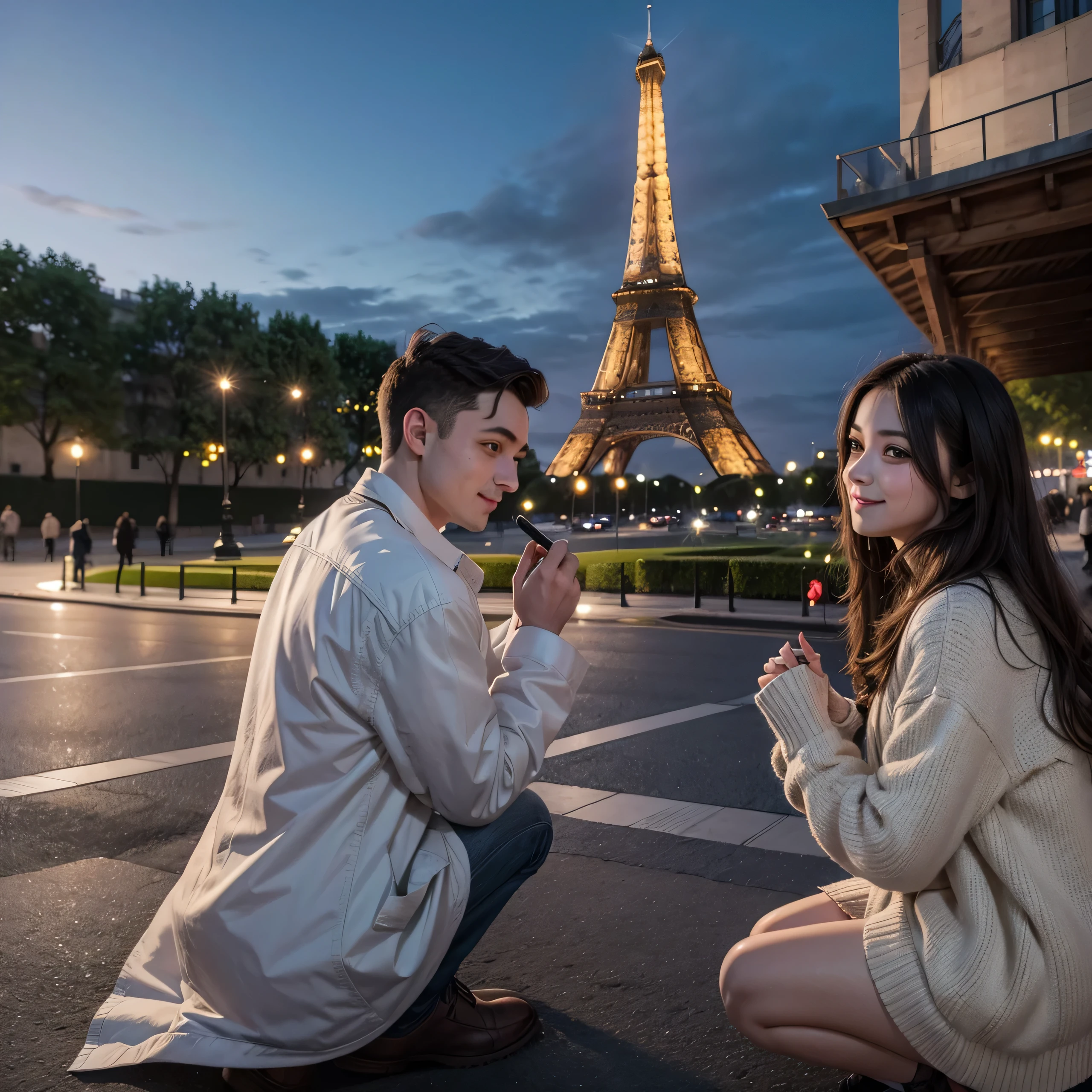 A drawing of a person being proposed to right next to the Eiffel Tower 