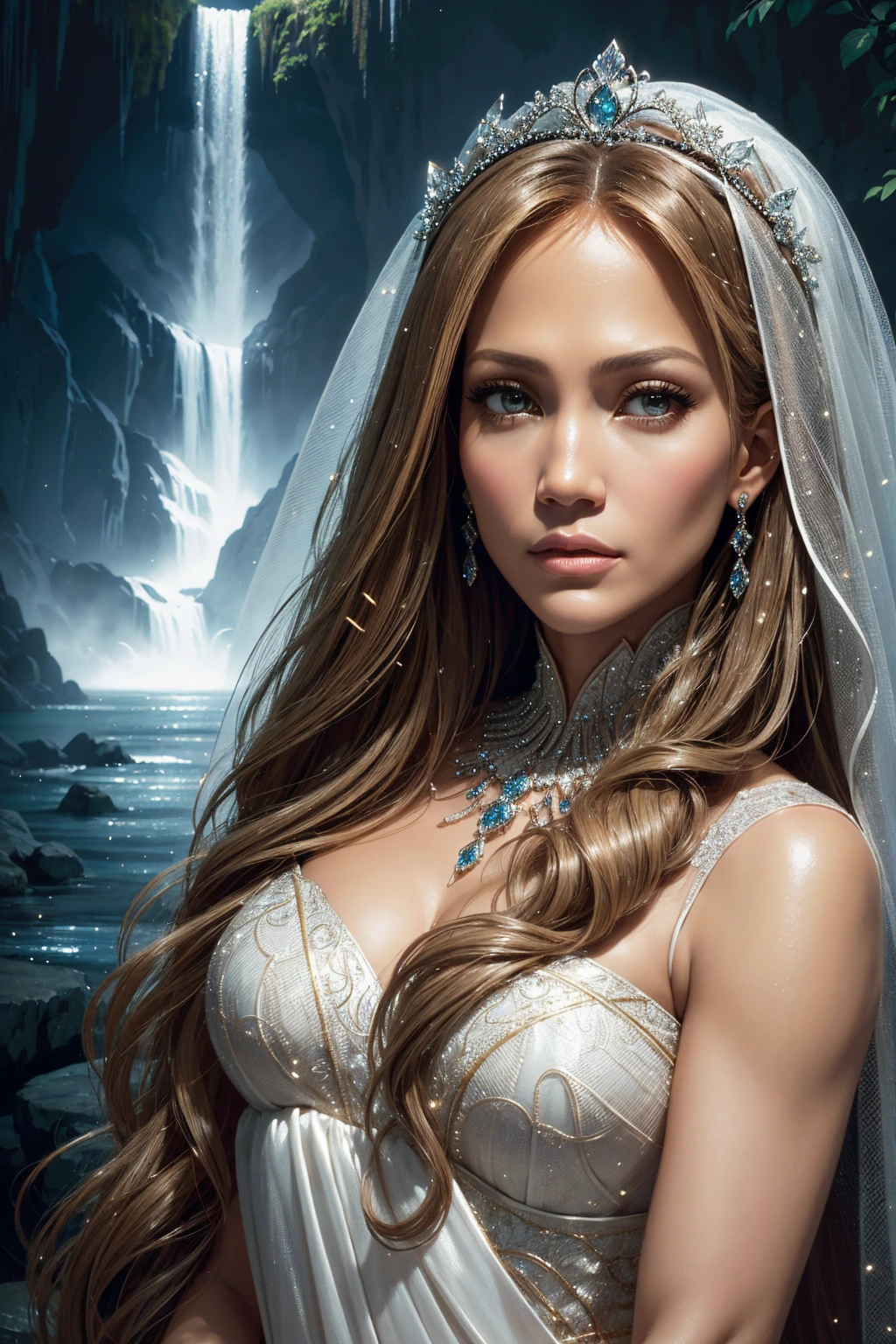 portrait Jennifer Lopez, wearing veil bride tiara costume, against the background of a waterfall, character portrait, 6 3 9 0 s, wavy hair, intricate, elegant, highly detailed, digital painting, artstation, concept art, smooth, sharp focus, illustration, art by wlop, charlie bowater and alexandra fomina, 36k, glittering, shining