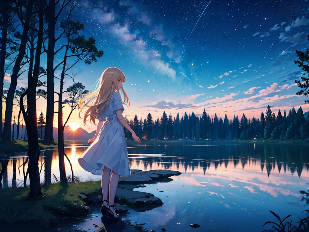 Girl,night,forest,lake,Rich Background,Single half