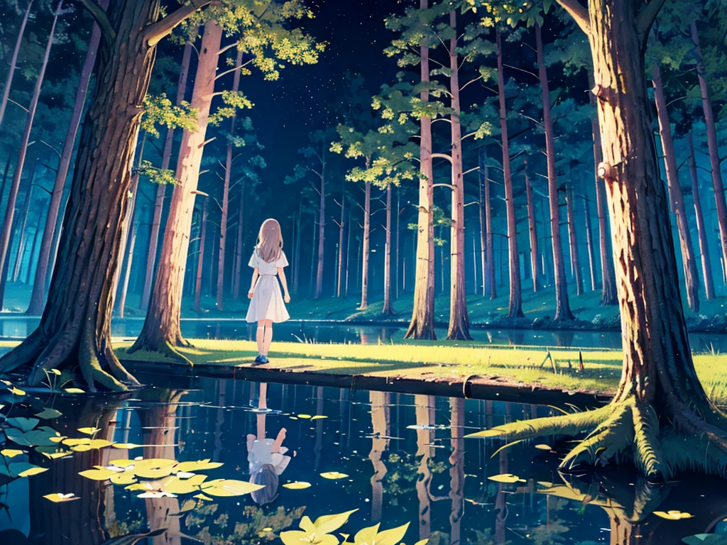 Girl，night，forest，lake，Rich Background，Single half