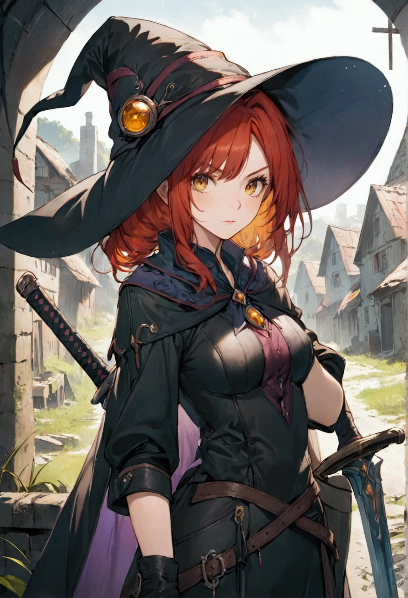 a one woman, 30years, redheadwear, yellow  eyes, arched eyebrow, he would be, witch, detailed leather clothing, sword in the back, abandoned village background.