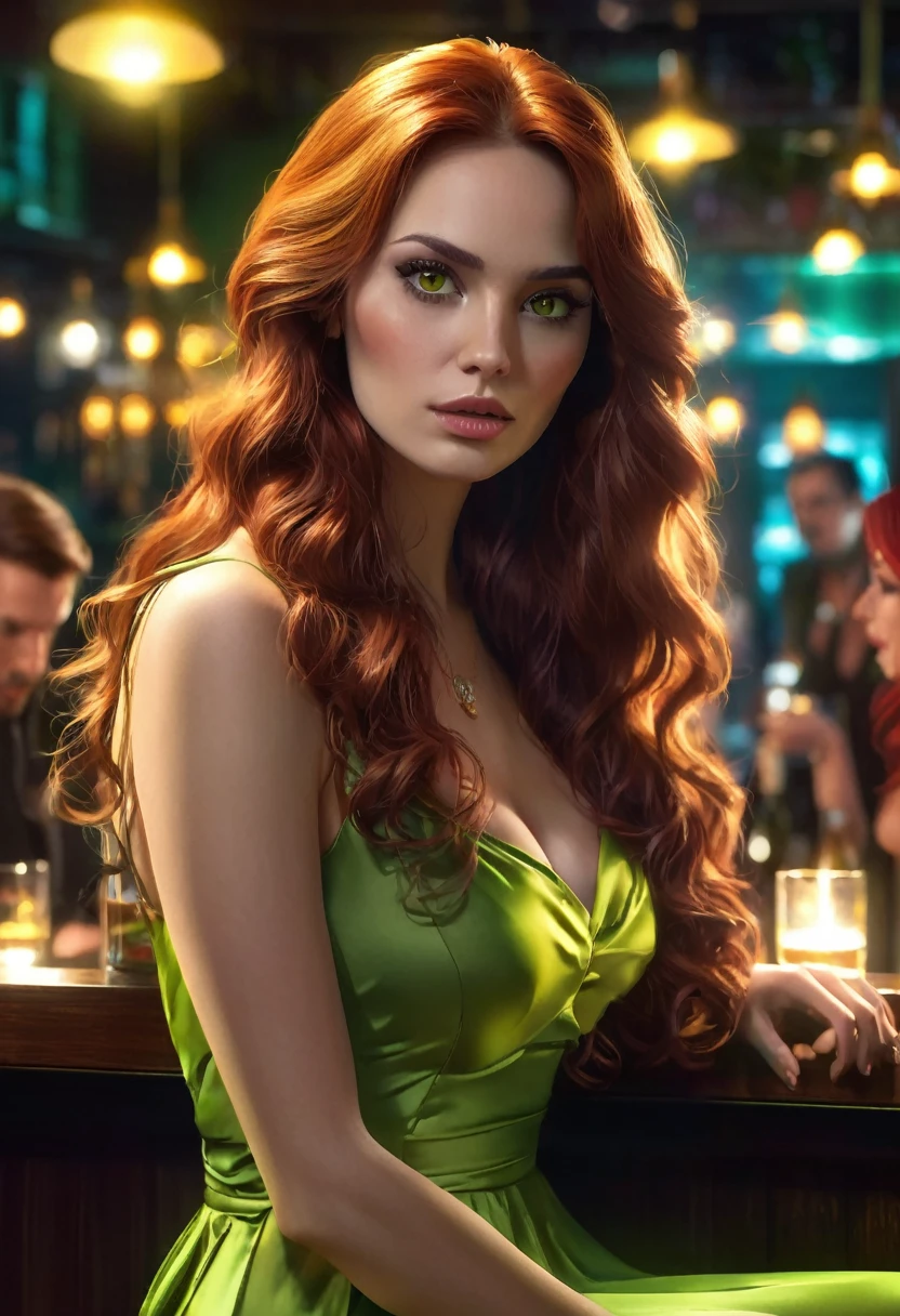 A woman at a night party, sitting at the bar, wearing a green party dress. She has feminine yellow brown eyes, brown and detailed skin, a beautiful big bust, long red hair and a serious face with a thin chin. The scene features dramatic lighting, a cinematic composition, a dark palette, party lights, dark colors and atmospheric haze. The woman is beautiful and very pretty, portrayed as an adult in an ultra-realistic and ultra-detailed way (best quality, 4K, 8K, high resolution, art: 1.2), with a realistic and photorealistic appearance (photorealistic: 1.37)."