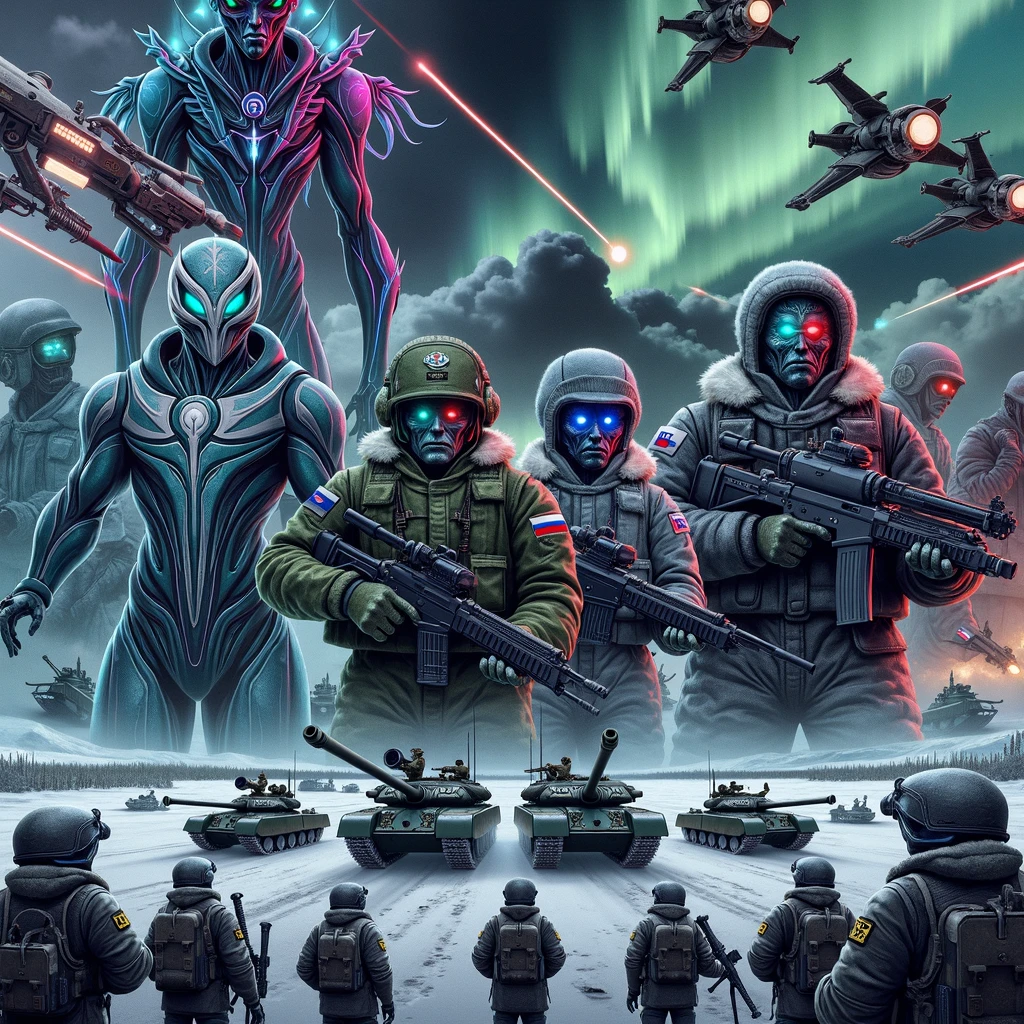 A dramatic illustration portraying an epic battle in a snowy landscape. On one side, futuristic-looking beings from another planet with varying colors and abstract shapes, armed with advanced laser weapons and hovering vehicles. The other side is represented by a group of soldiers in heavy winter camouflage gear, determined faces visible through their visors, armed with tanks and artillery. Their emblems hint at their Russian origin without explicitly stating it. Dark stormy clouds loom overhead, hinting at the ferocity of the battle while the aurora borealis subtly glows on the horizon.
