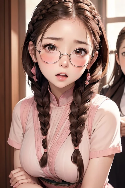 Female Group,Brown Hair, ,((Anxious expression)),Beautiful breasts,uniform,stylish,,(look forward to)(((blush、Surprised expression)),(((Braiding))),((( Upper body portrait)))Frameless Glasses