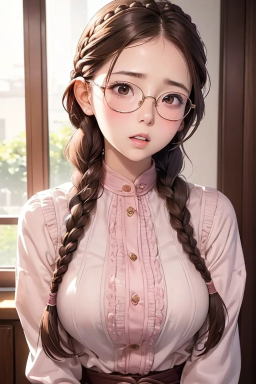 Female Group,Brown Hair, ,((Anxious expression)),Beautiful breasts,uniform,stylish,,(look forward to)(((blush、Surprised expression)),(((Braiding))),((( Upper body portrait)))Frameless Glasses