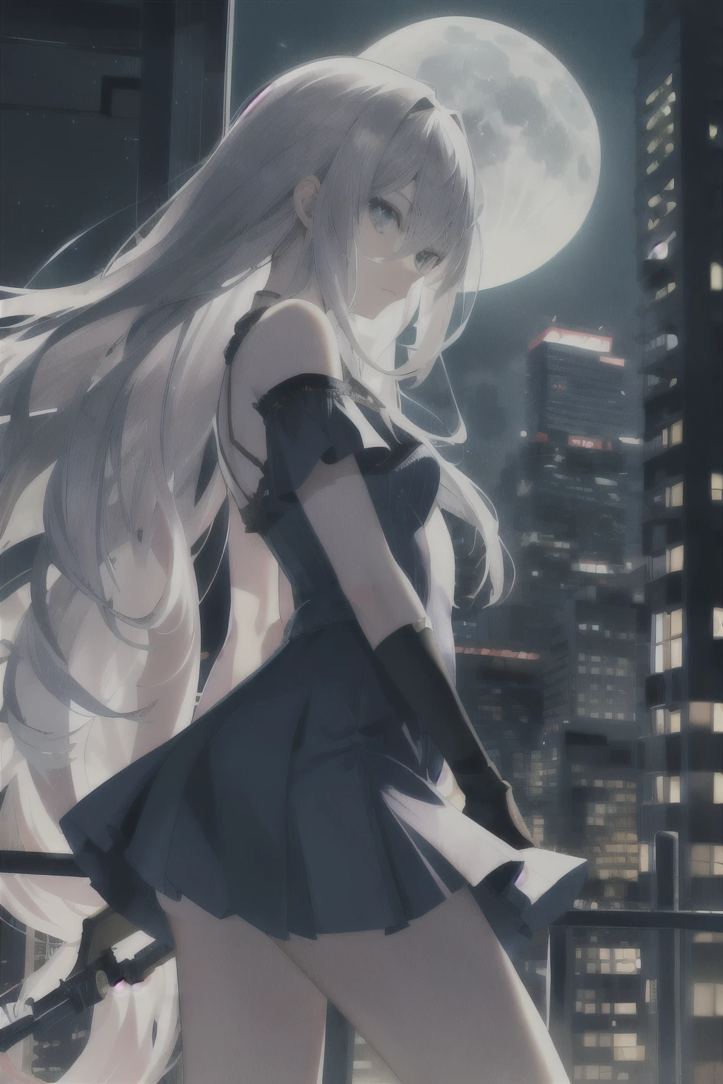 ((masterpiece)), ((best quality)), ((best illustration)), ((ultra-detailed)),((photorealistic color)), 1 lady, solo, ager, absurdly long hair, silver hair, straight hair, ((blue eyes)), ((ultra detailed eyes)), ((ultra detailed face)), holding weapon, gloomy face, lonely, looking at viewer, business suit, off shoulder, sleeveless, ((miniskirt)), bare legs, thin body, thin arms, long arms, standing, cowboy shot, side view, rooftop, skyline, urban, night, moonlight, backlight