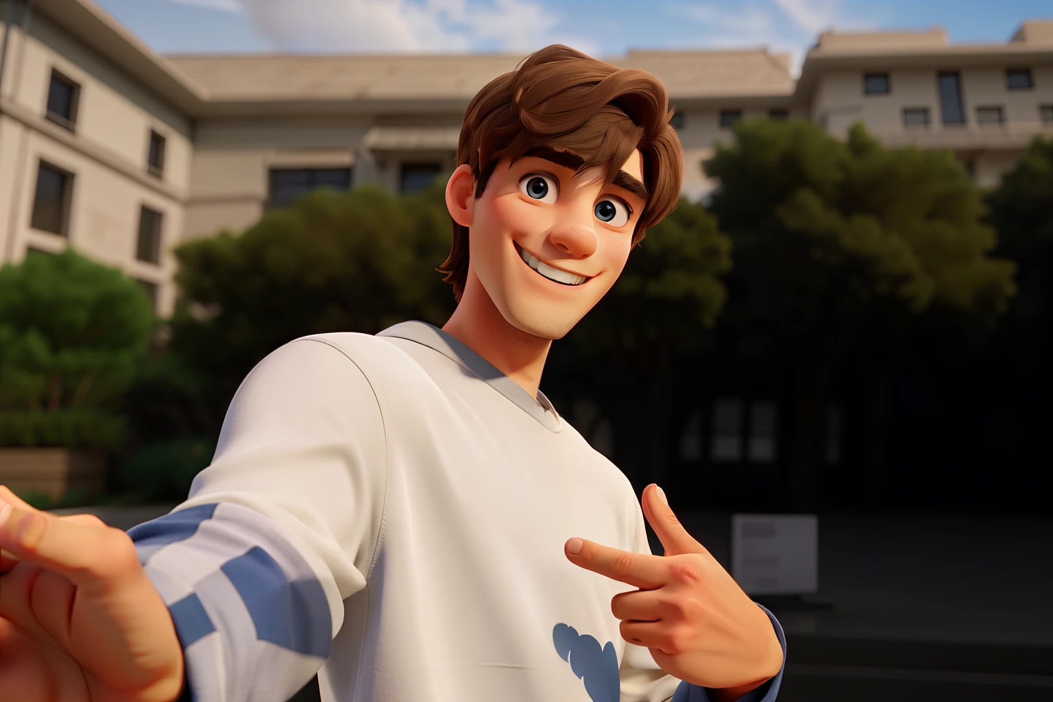 Man, selfie, smiling, good anatomy, correct eyes, "peace" tin, straight fingers