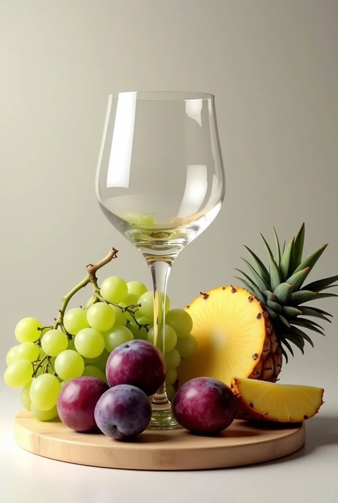 Image of a wine glass with some grapes, plums and pineapples below